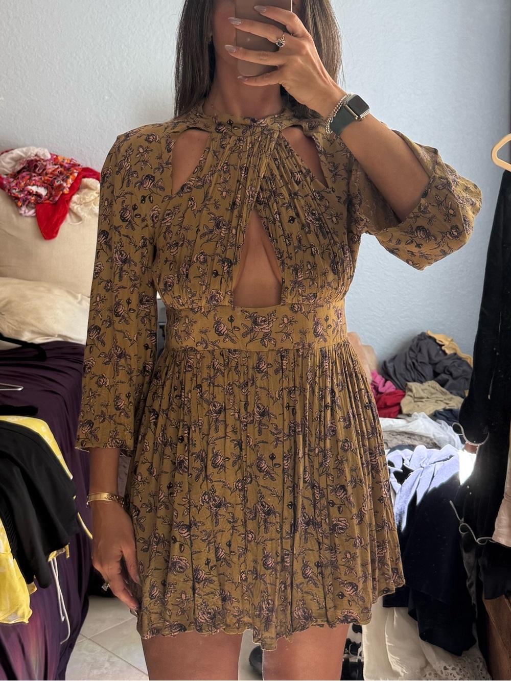 RAGA Mustard Floral Cutout Long-Sleeve Mini Dress
